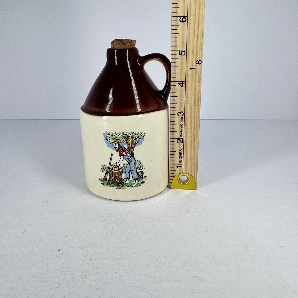 Vintage Mini Stoneware Maple Syrup Jug Cork Stopper Brown Cream‎ USA Pottery